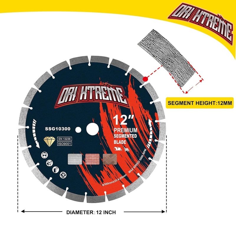 ORIXTREME 12 Inch Diamond Saw Blade 2Pcs, Segmented General Purpose Blade Dry/Wet Cutting Concrete, Reinforced Concrete, Masonry, Brick, Block,1"-20mm Arbor - Image 2